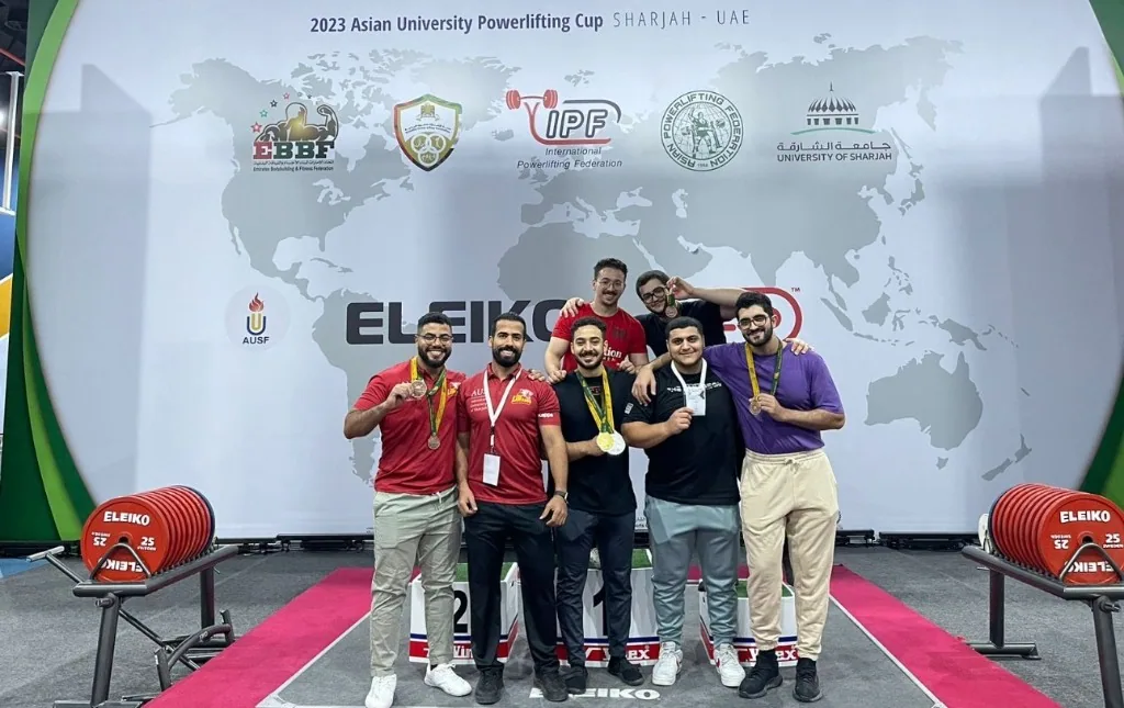 The AUS powerlifting team together at the 2023 Asian University Powerlifting Cup in Sharjah