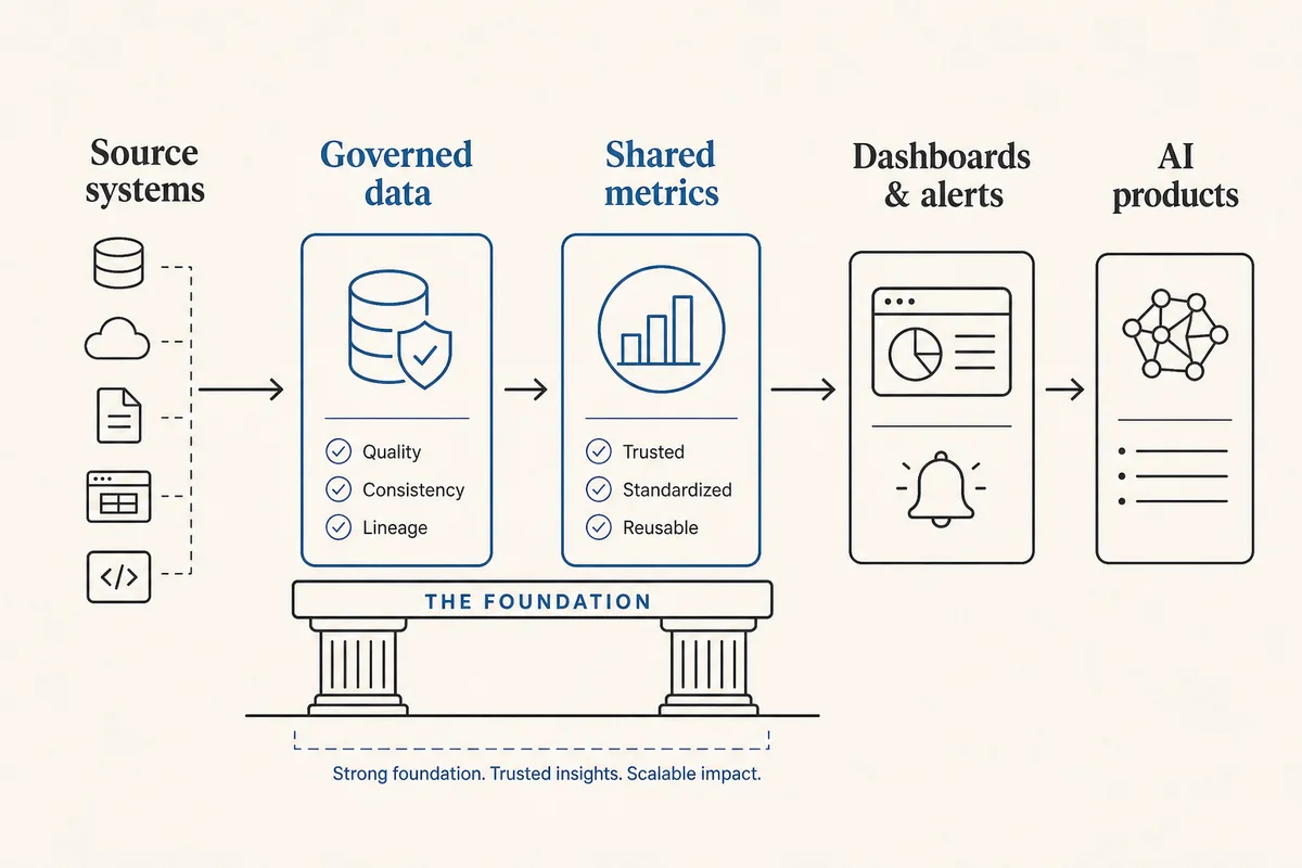 Data value flow from source systems through governed data and shared metrics to dashboards, alerts, and AI products